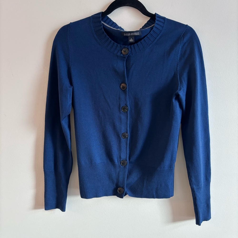 BR BANANA REPUBLIC I US S Extra Fine Italian Merino Wool Cardigan I Blue